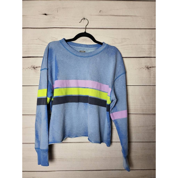 Aerie Womens Pullover Sweatshirt Blue Multicolor Stripe Long Sleeve Jewel Neck M - Picture 1 of 6
